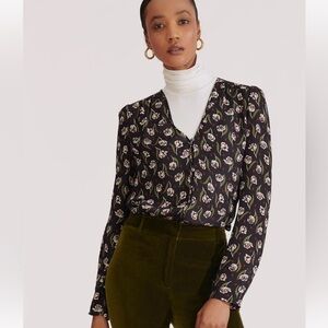 Veronica Beard Ashlynn Floral Pintuck Silk Blouse Black Size 4